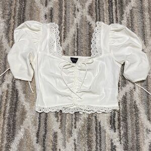 White Lace-Trim Puff Sleeve Peasant Top